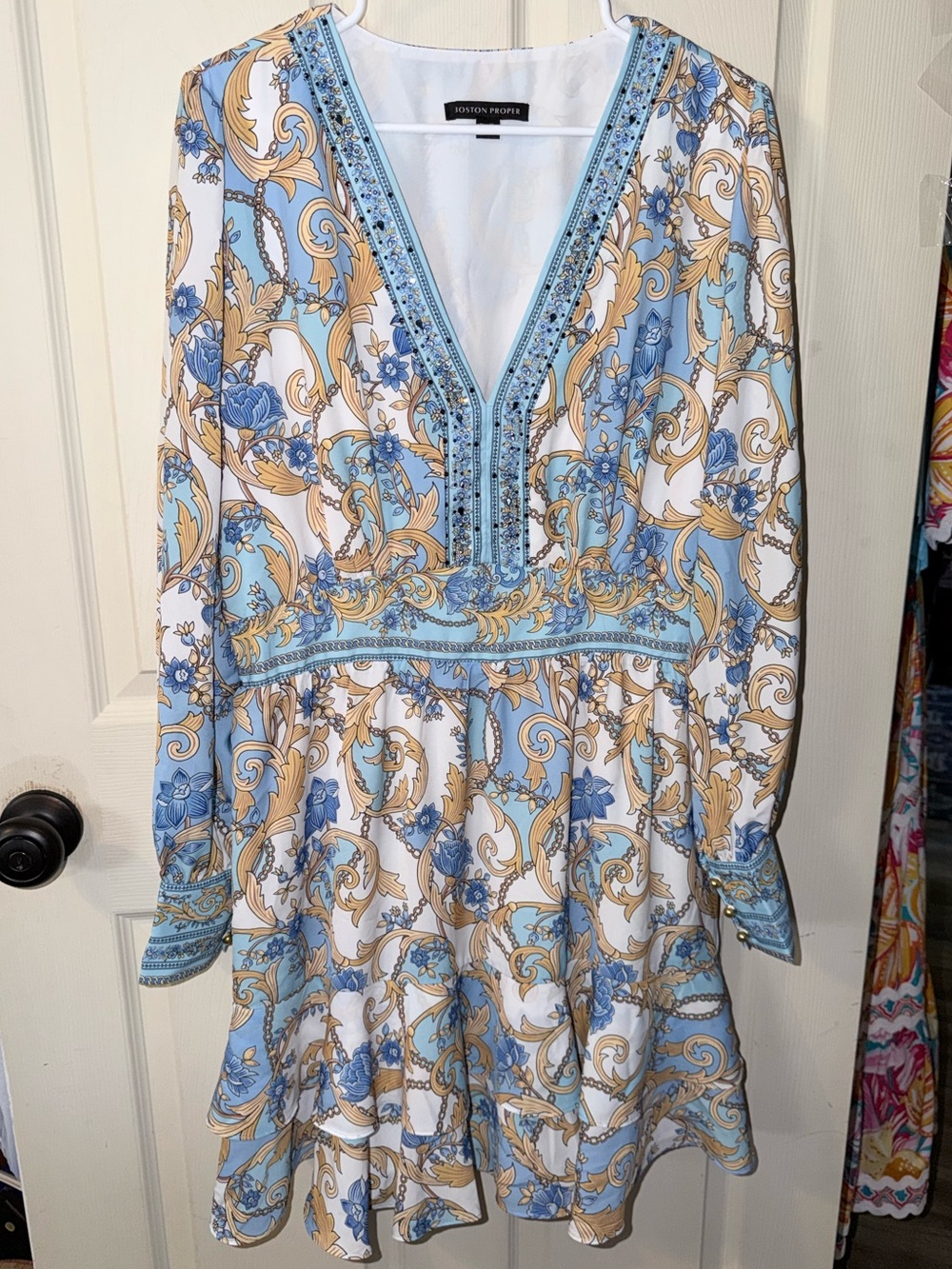 Boston Proper Blue & Cream Paisley V-Neck Long Sleeve Dress